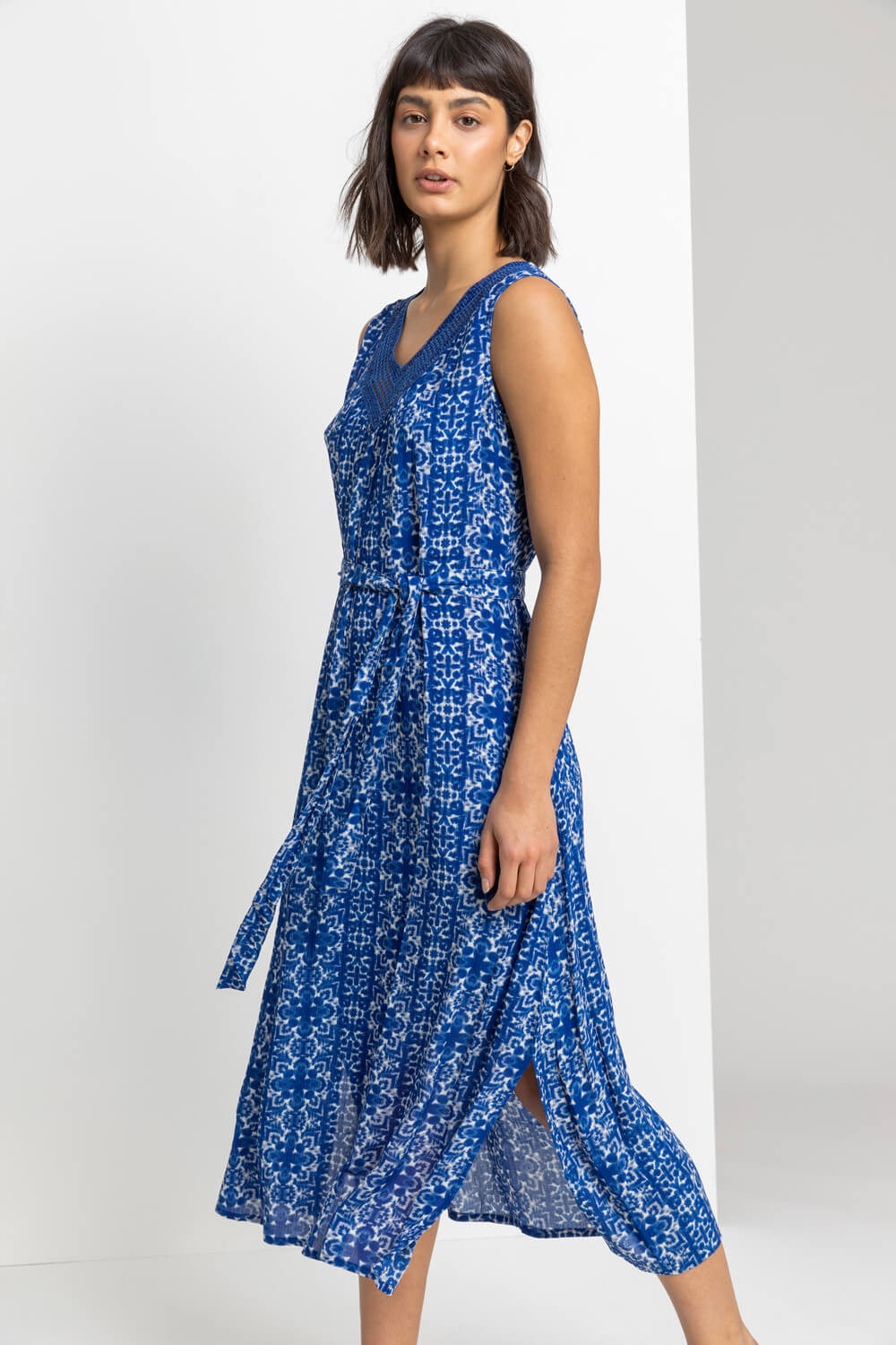 Geo Print Sequin Trim Midi Dress in Blue - Roman Originals UK