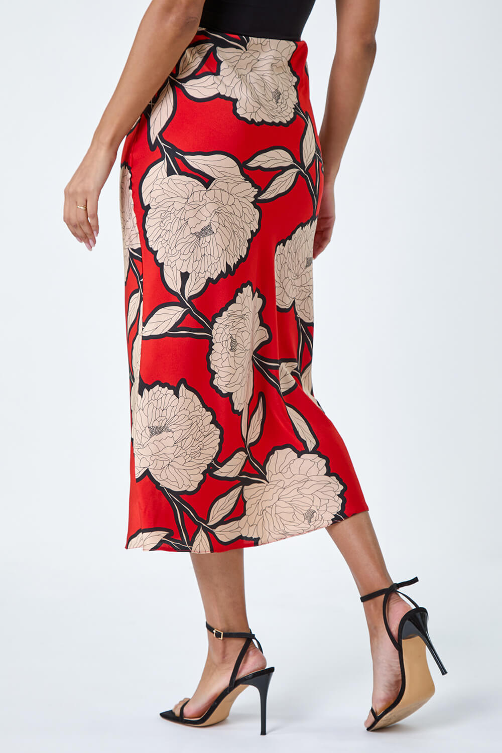 ORANGE Floral Satin Bias Cut Midi Skirt, Image 3 of 5
