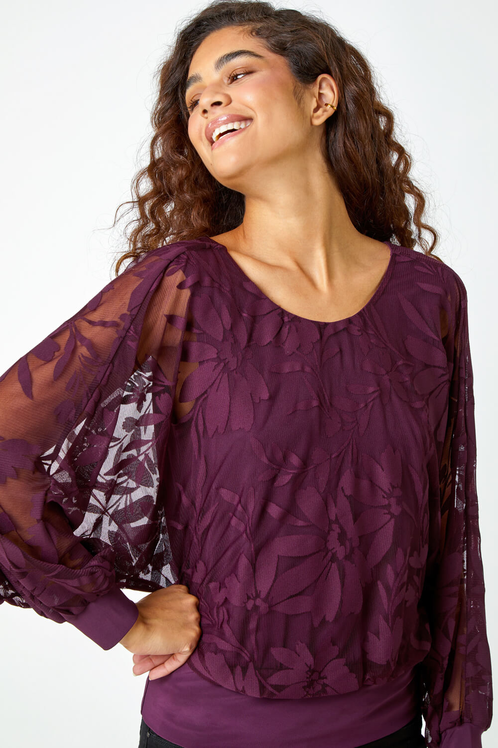 Plum Textured Floral Blouson Stretch Top, Image 4 of 5