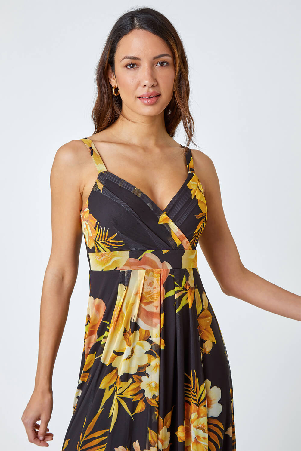 Yellow Floral Print Stretch Maxi Dress, Image 4 of 5