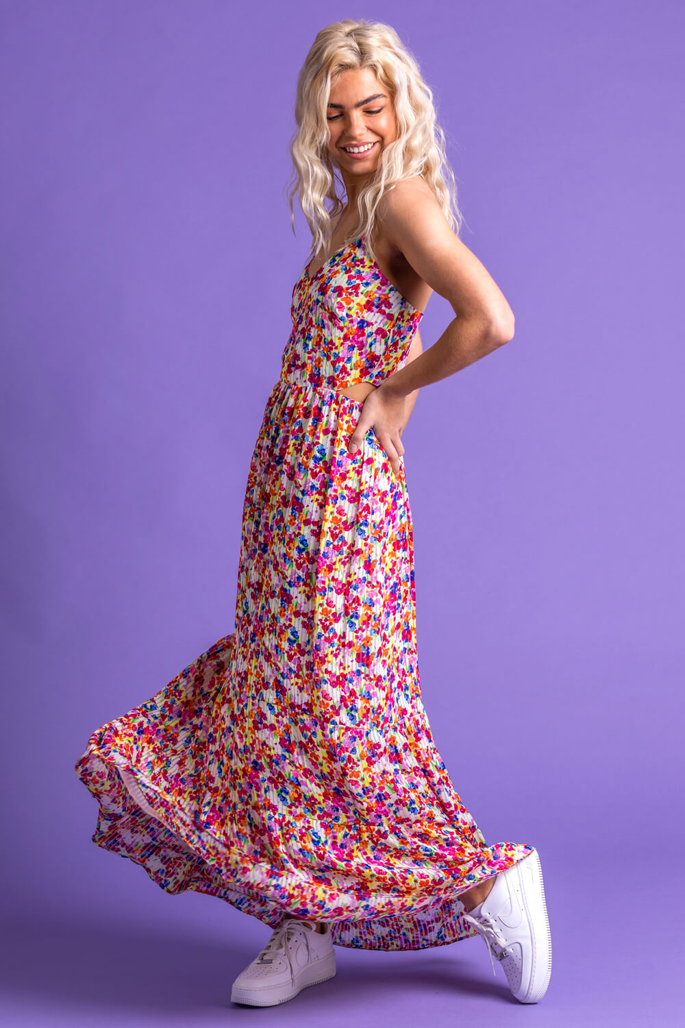 Fuchsia Floral Cross Back Maxi Dress, Image 5 of 5