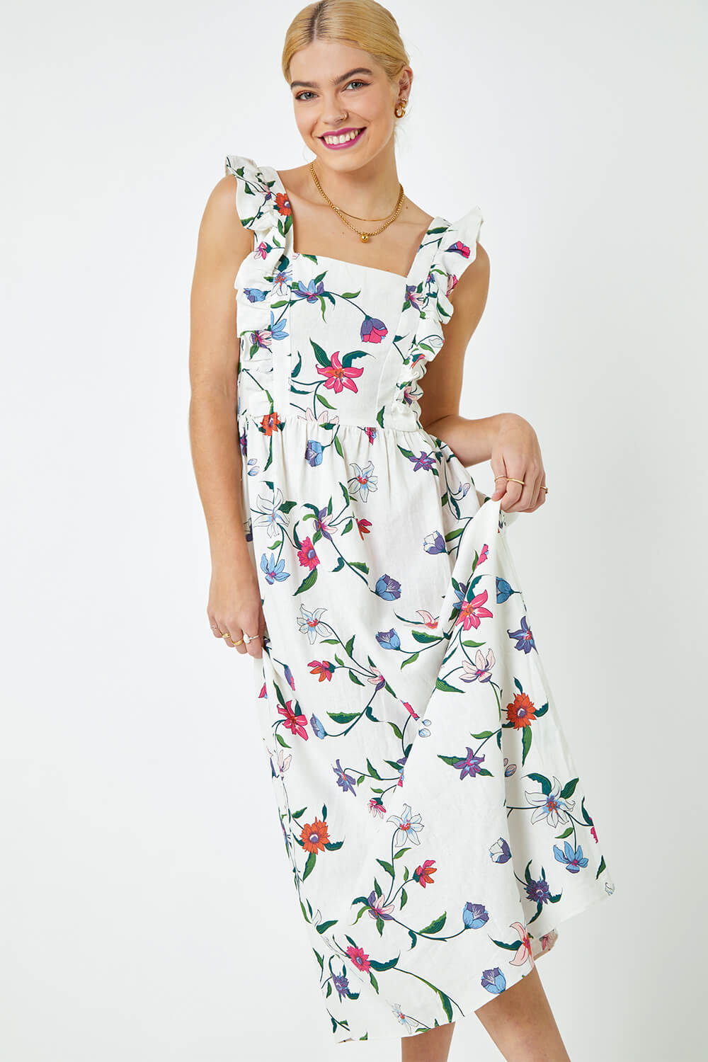 White Floral Print Frill Detail Maxi Dress, Image 4 of 5