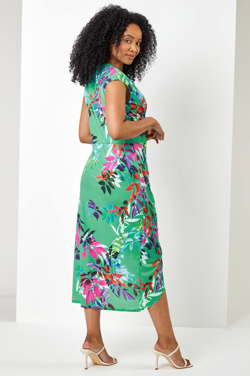 Green Petite Tropical Print Ruched Wrap Dress, Image 2 of 5