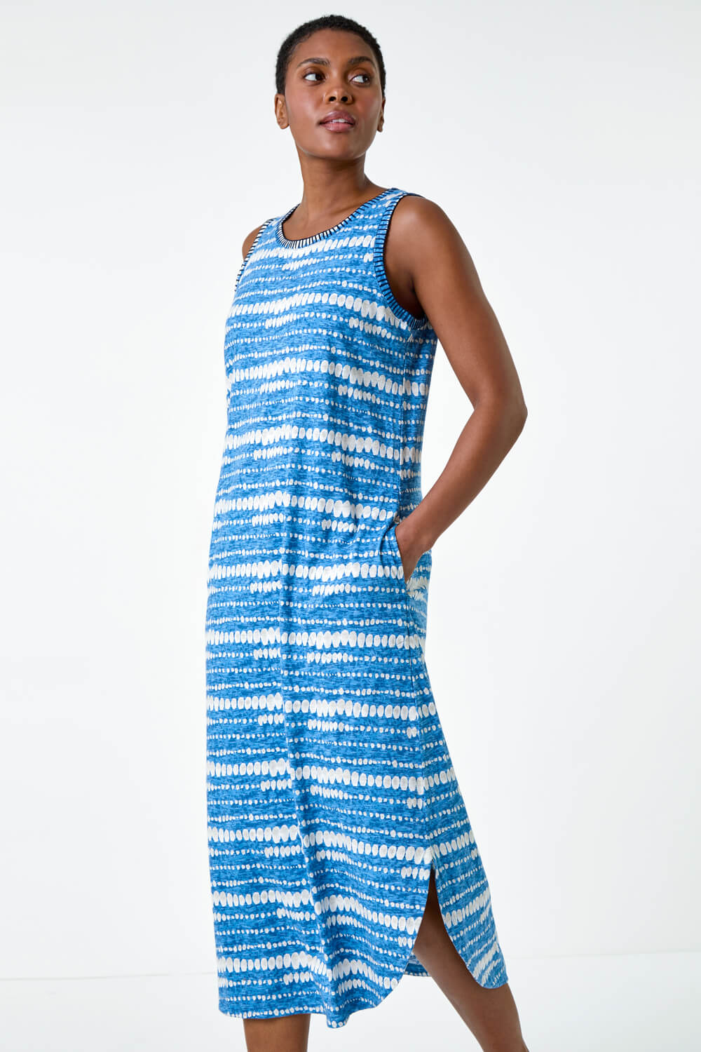 Blue Tie Dye Contrast Stitch Stretch Midi Dress | Roman UK