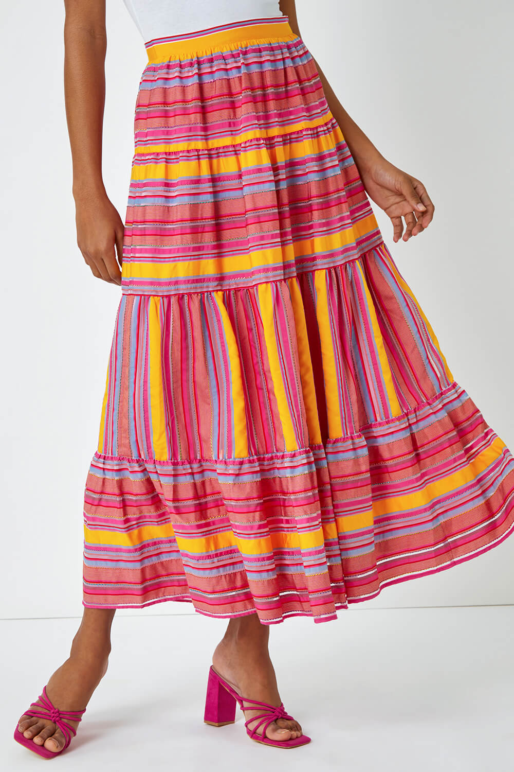 Fushcia Tiered Striped Maxi Skirt, Image 5 of 5