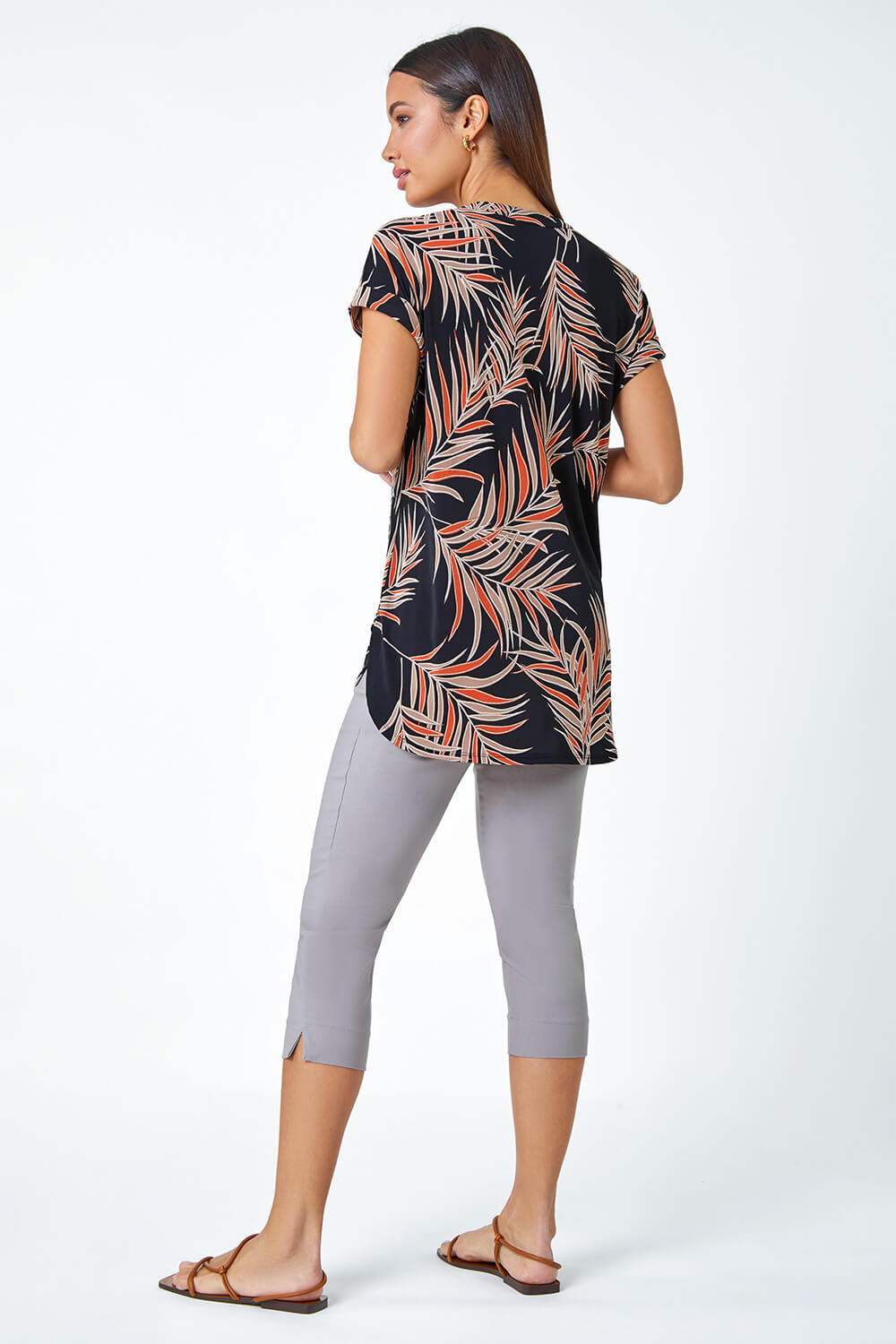 Rust Textured Tropical Print Overshirt Stretch Top, Image 3 of 5