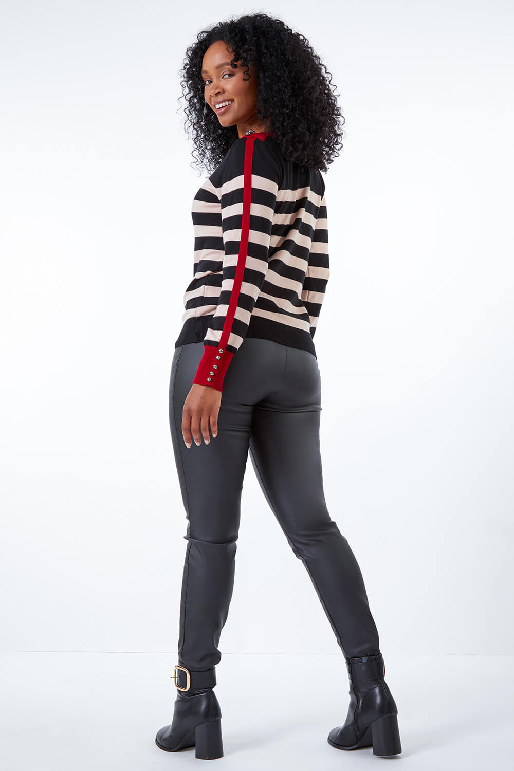 Red Petite Button Detail Striped Jumper, Image 4 of 5