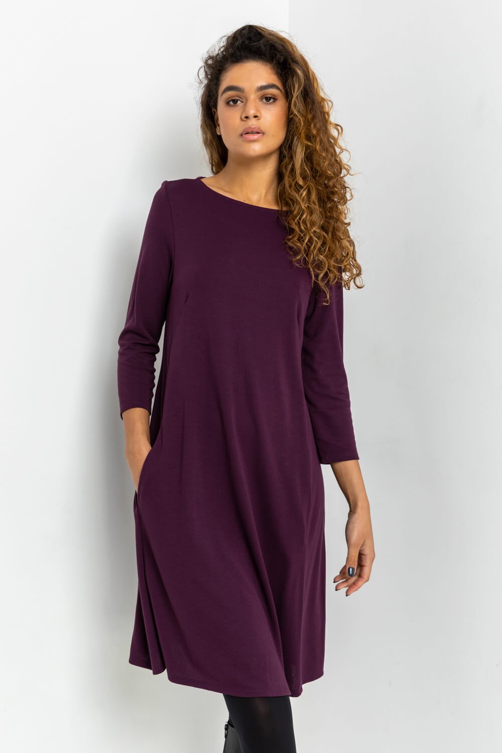 Purple A-Line Pocket Detail Swing Dress, Image 4 of 4