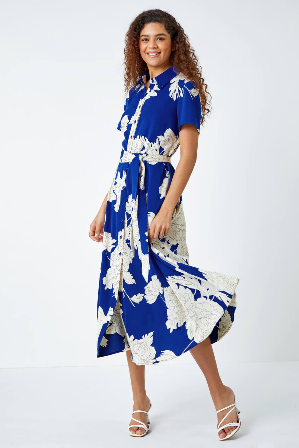 Royal Blue Contrast Floral Print Shirt Dress, Image 2 of 5