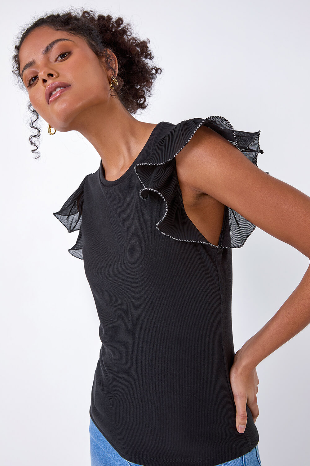 Black Ribbed Stretch Frill Detail Top, Image 4 of 7