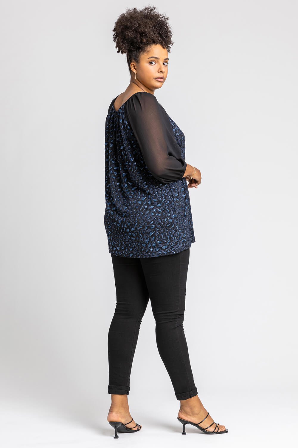 Blue Curve Glitter Animal Print Pleated Top, Image 2 of 4