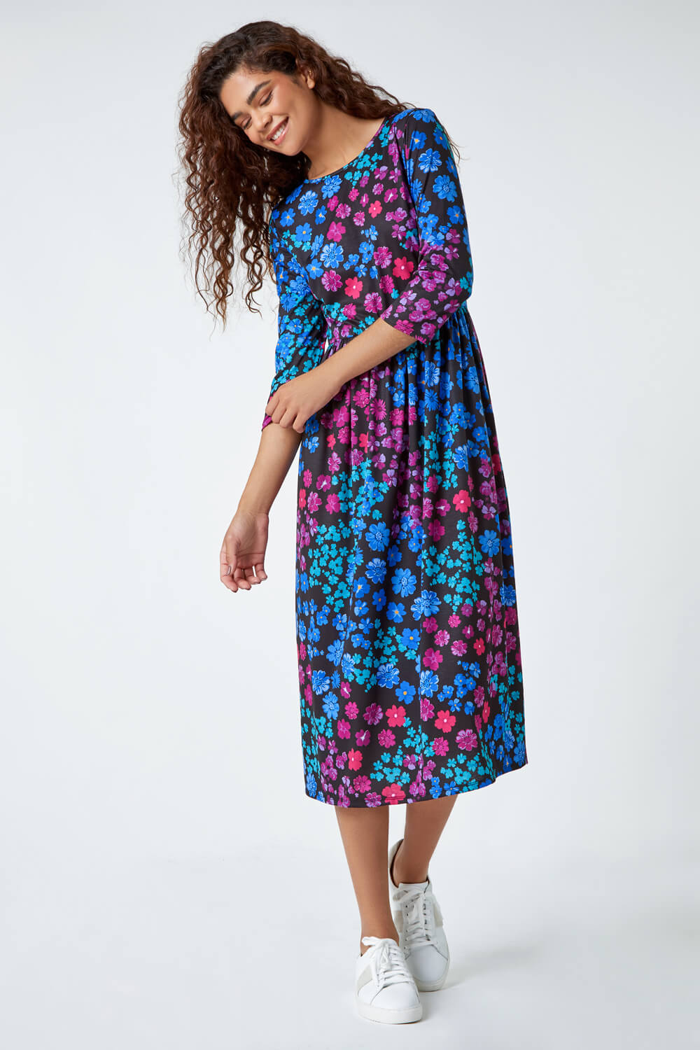 Multi  Floral Print Midi Stretch Dress , Image 2 of 5