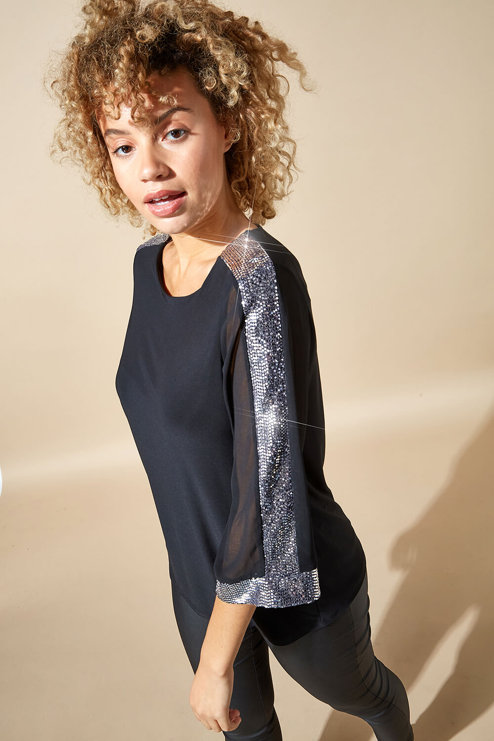 Black Contrast Sparkle Sleeve Top, Image 4 of 4