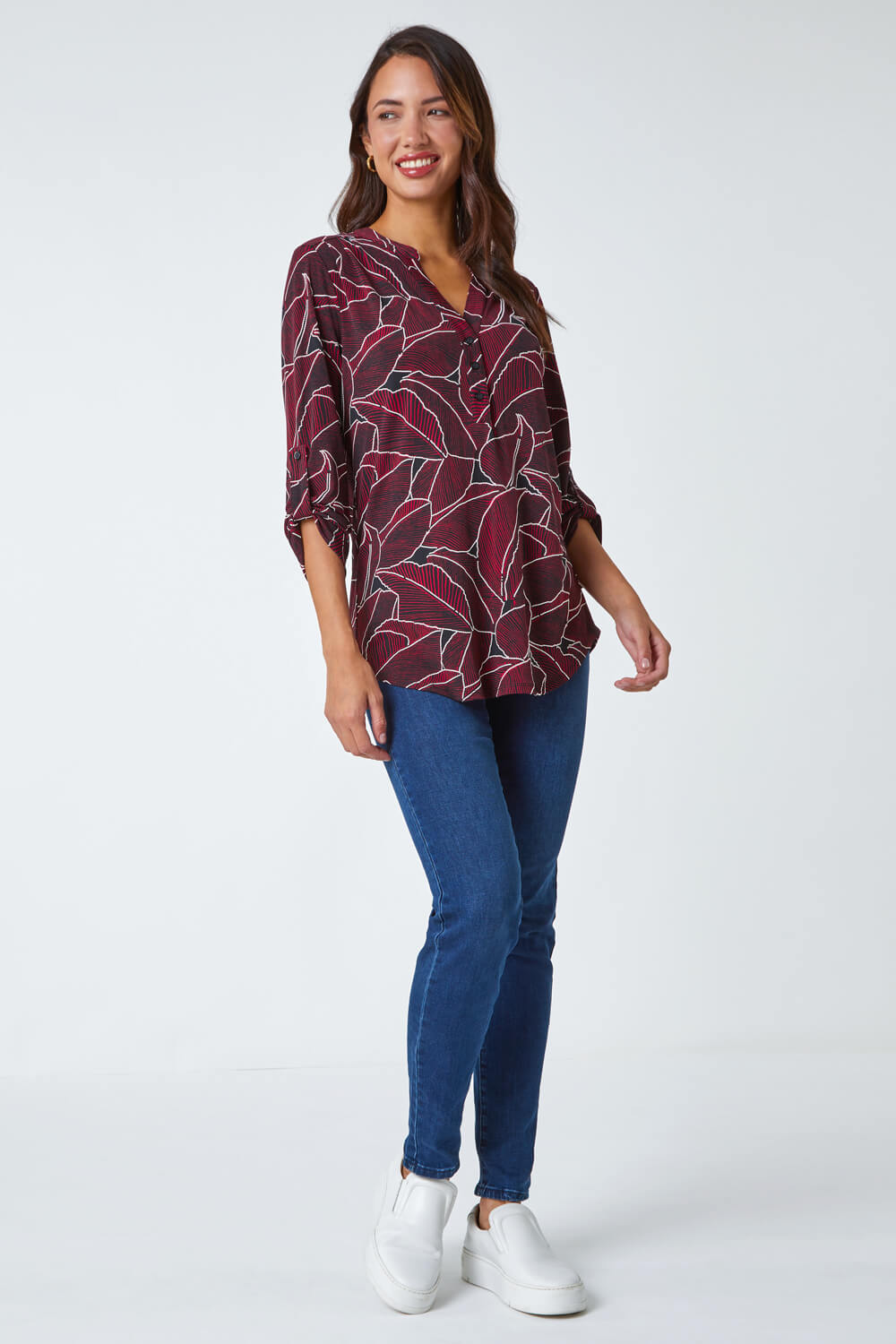 Red Textured Leaf Stretch Jersey Top | Roman UK