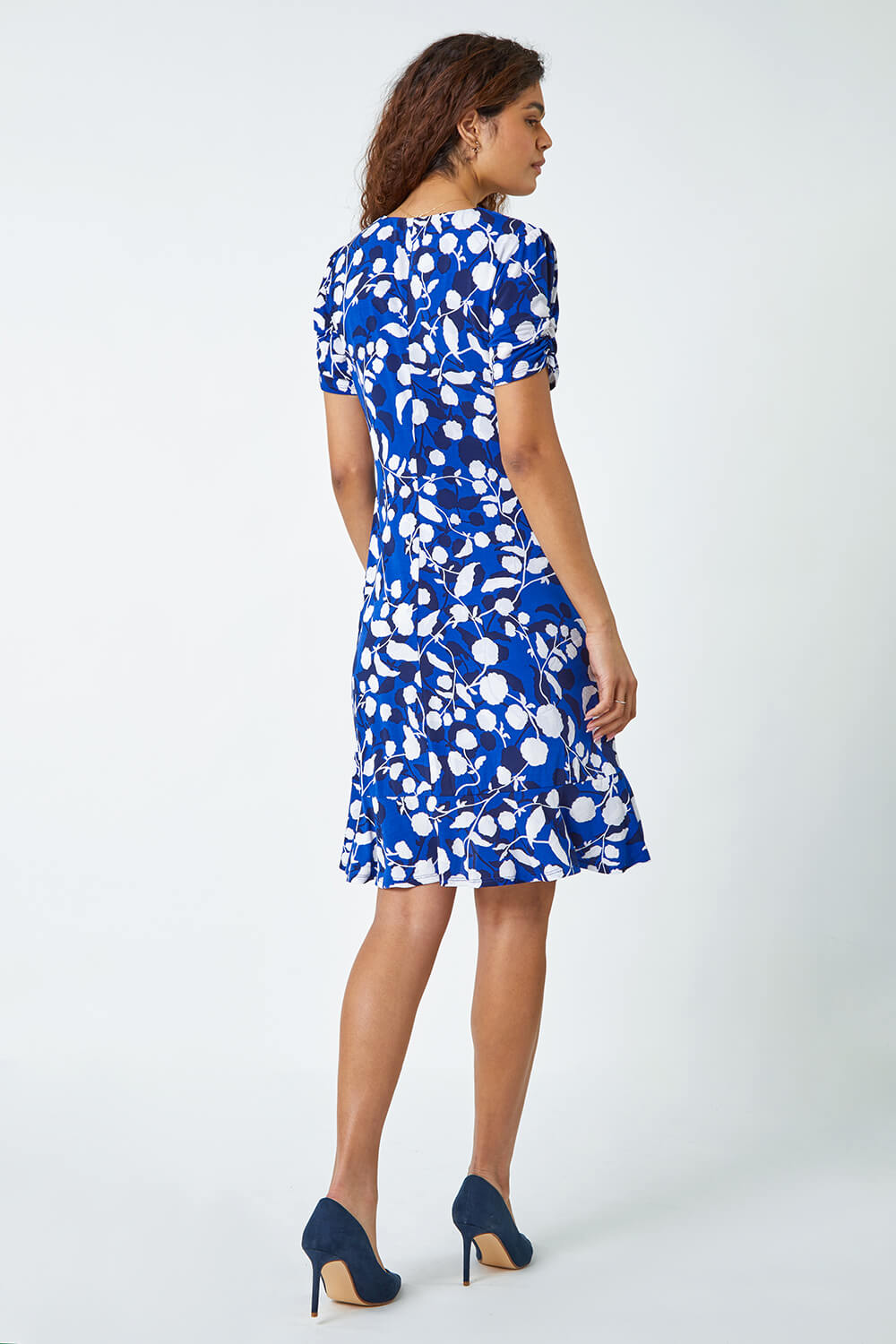 Royal Blue Textured Floral Ruched Stretch Dress, Image 3 of 5