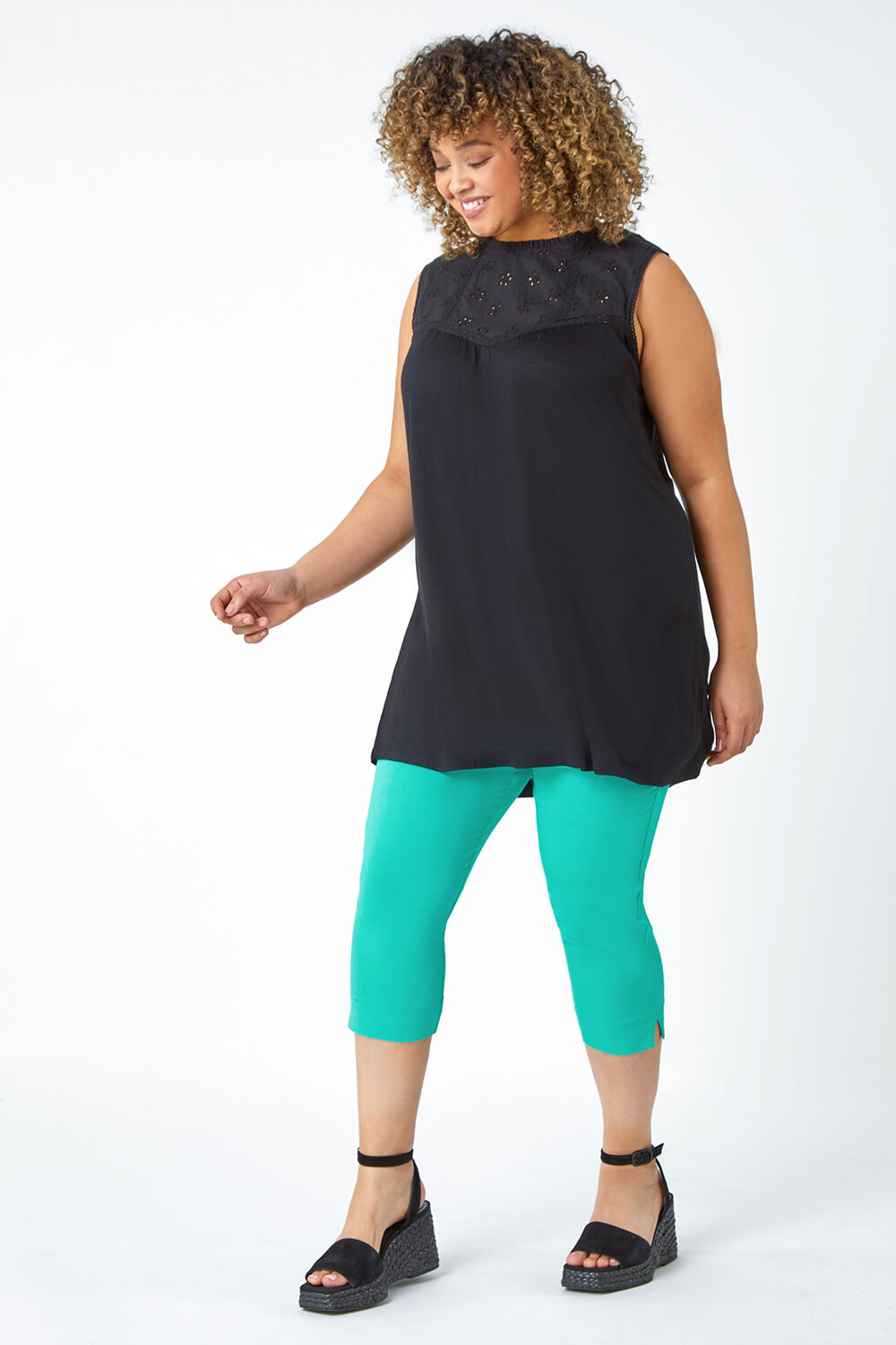 Black Curve Sleeveless Longline Broderie Top, Image 2 of 5