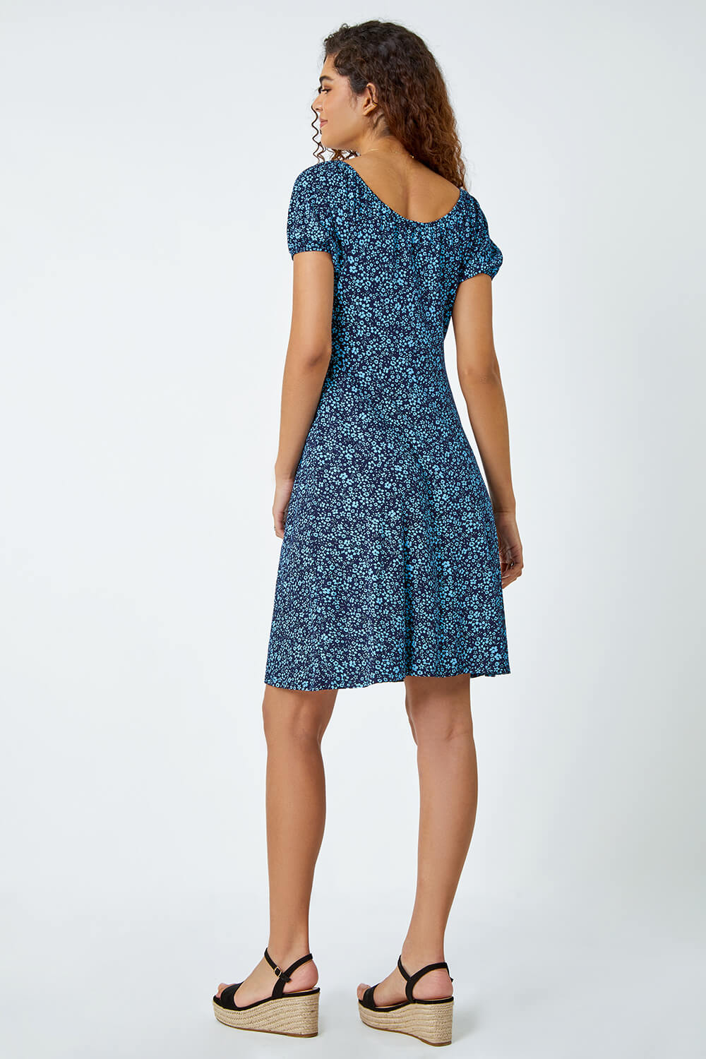 Blue Ditsy Floral Stretch Ruched Dress, Image 3 of 5