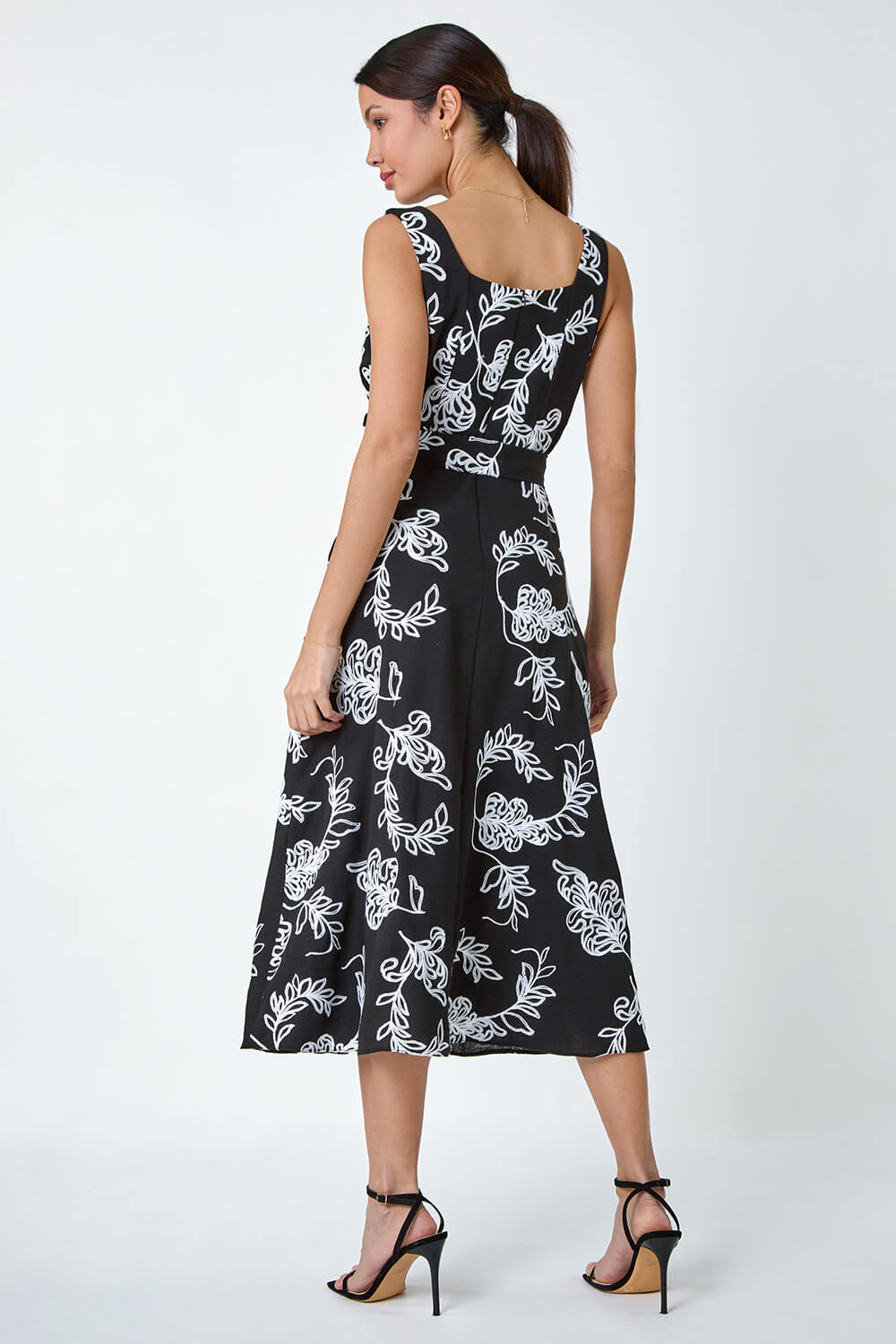 Black Floral Embroidered Cotton Blend Dress, Image 3 of 5