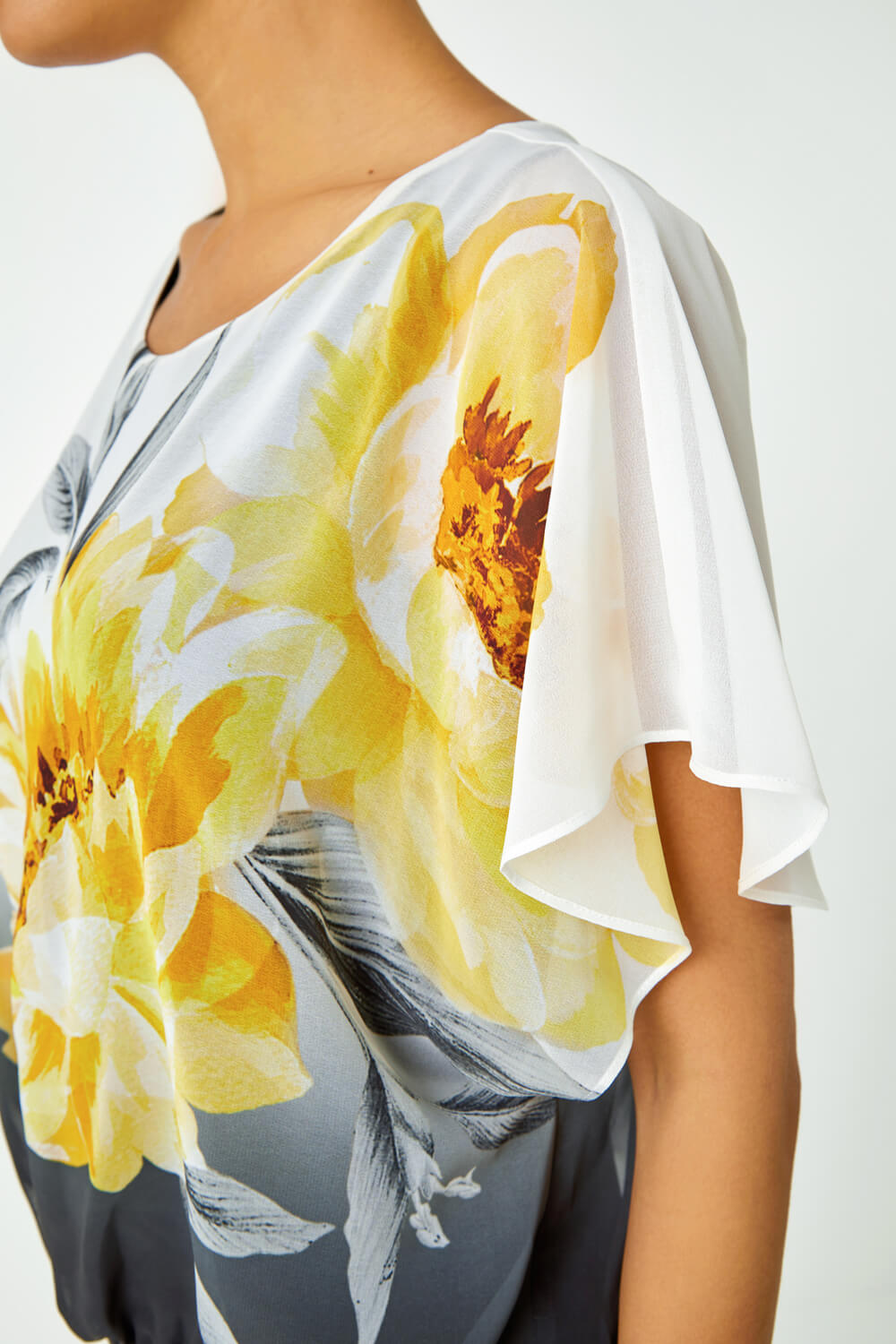 Yellow Floral Overlay Blouson Jersey Top, Image 5 of 5