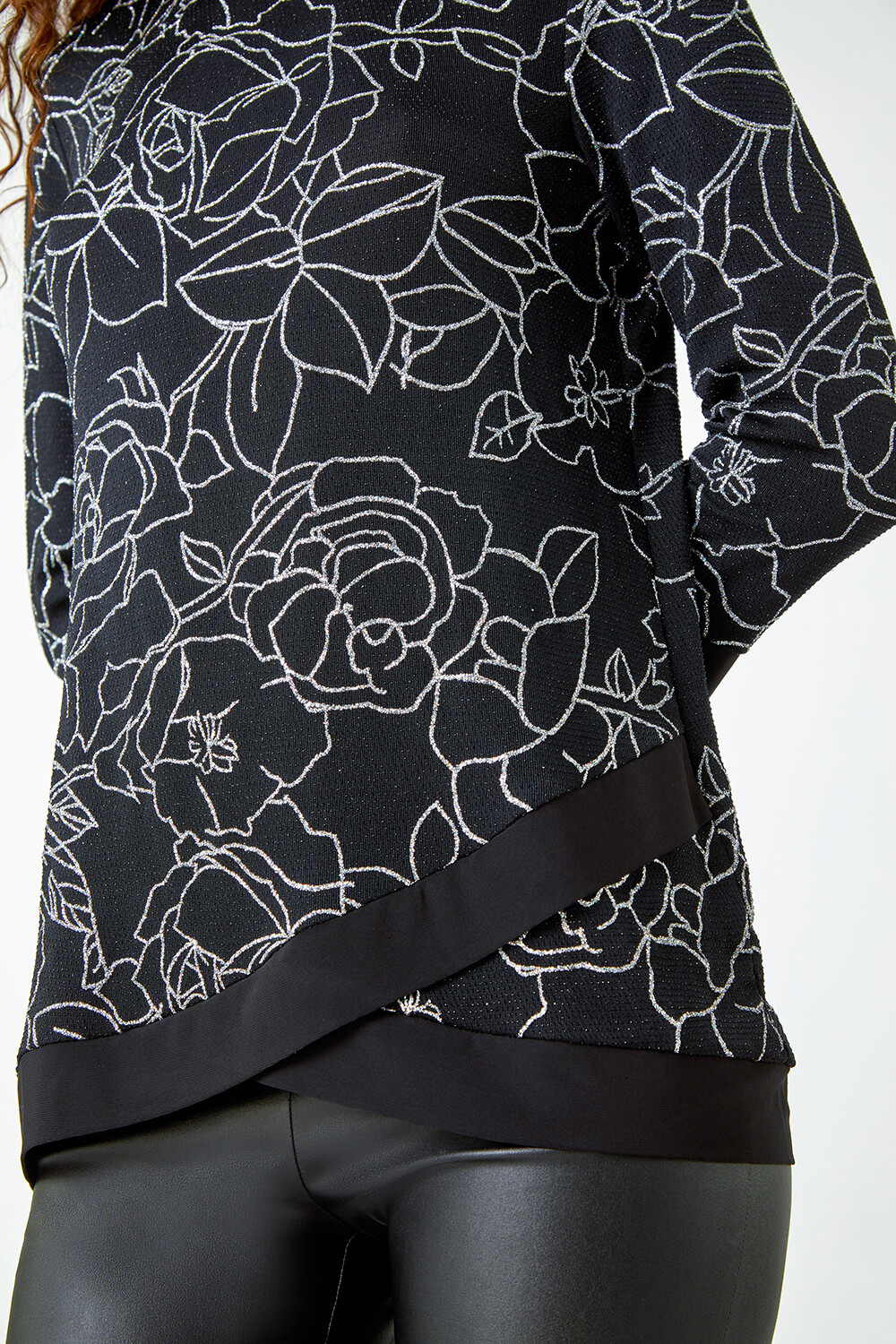 Silver Glitter Rose Print Layered Stretch Top, Image 5 of 5