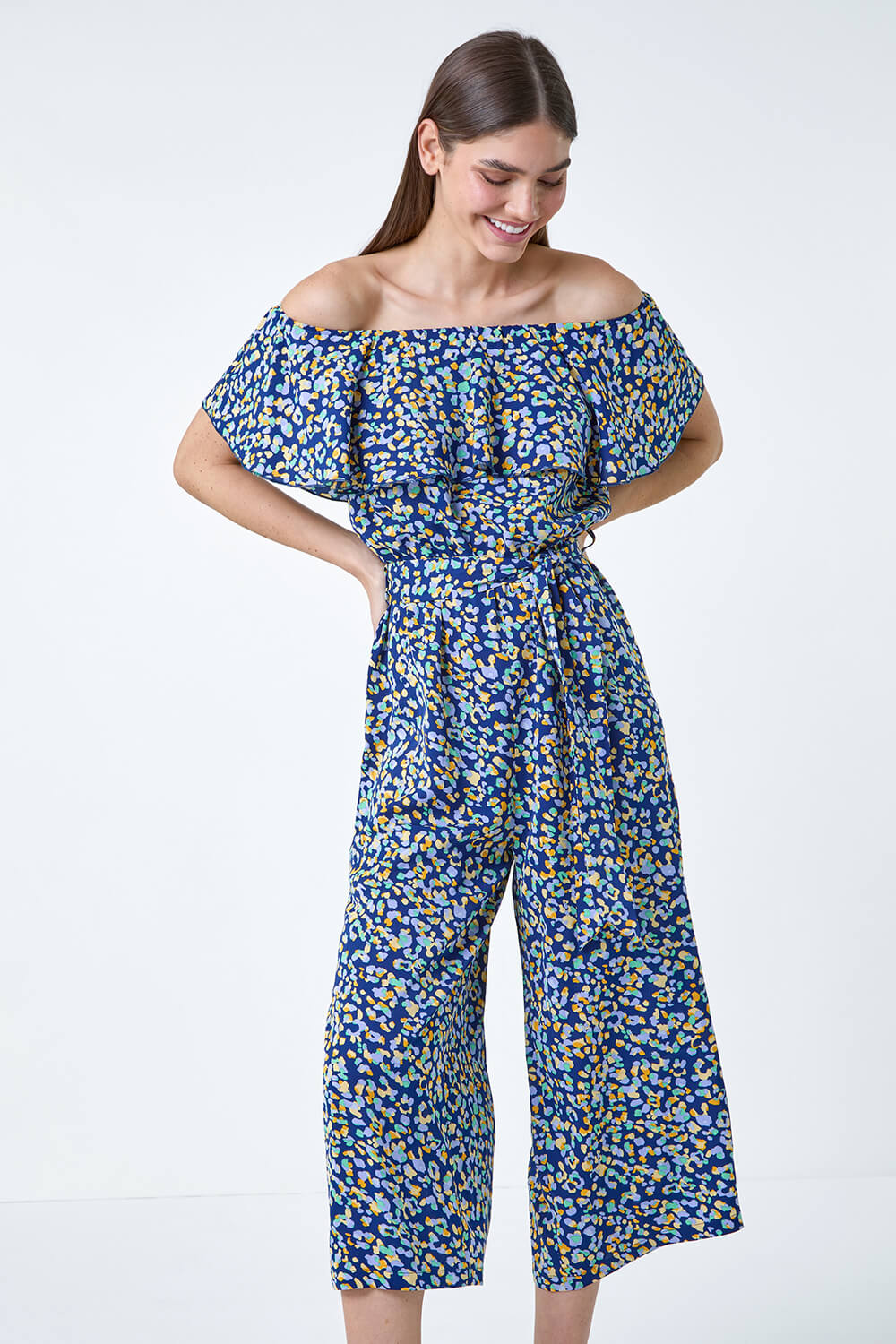 Navy  Animal Print Belted Jumpsuit, Image 4 of 5