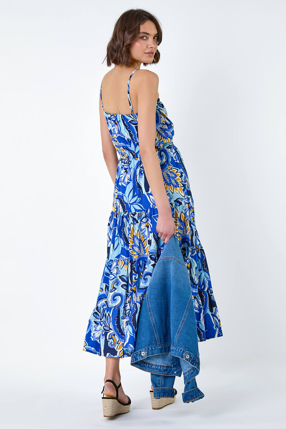 Royal Blue Baroque Print Tiered Midi Dress, Image 3 of 5