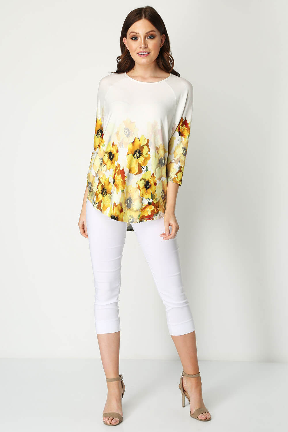 Yellow Floral Border Print 3/4 Sleeve Top, Image 2 of 8
