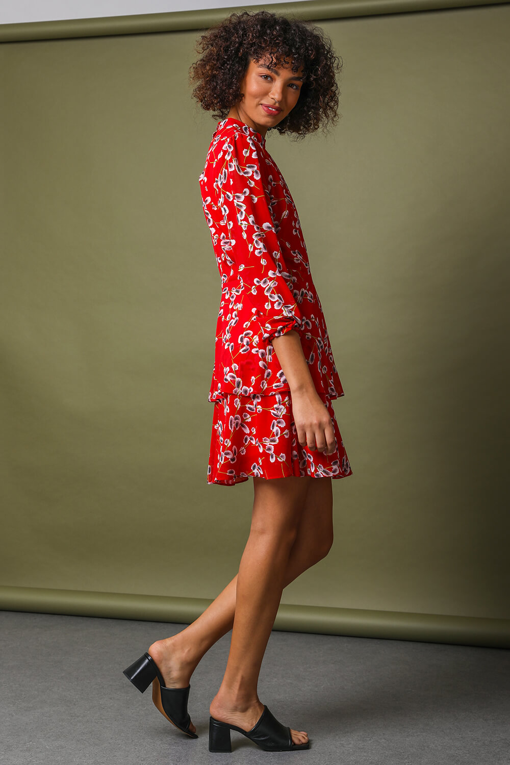 Red Floral Chiffon Tiered High Neck Dress, Image 2 of 5