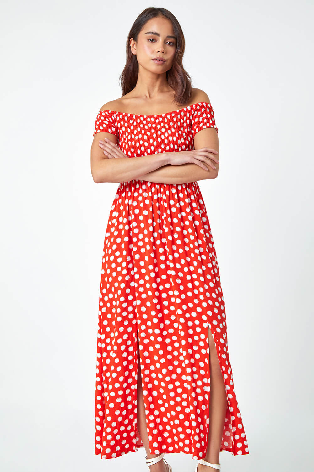 Red Petite Polka Dot Bardot Midi Dress, Image 1 of 5