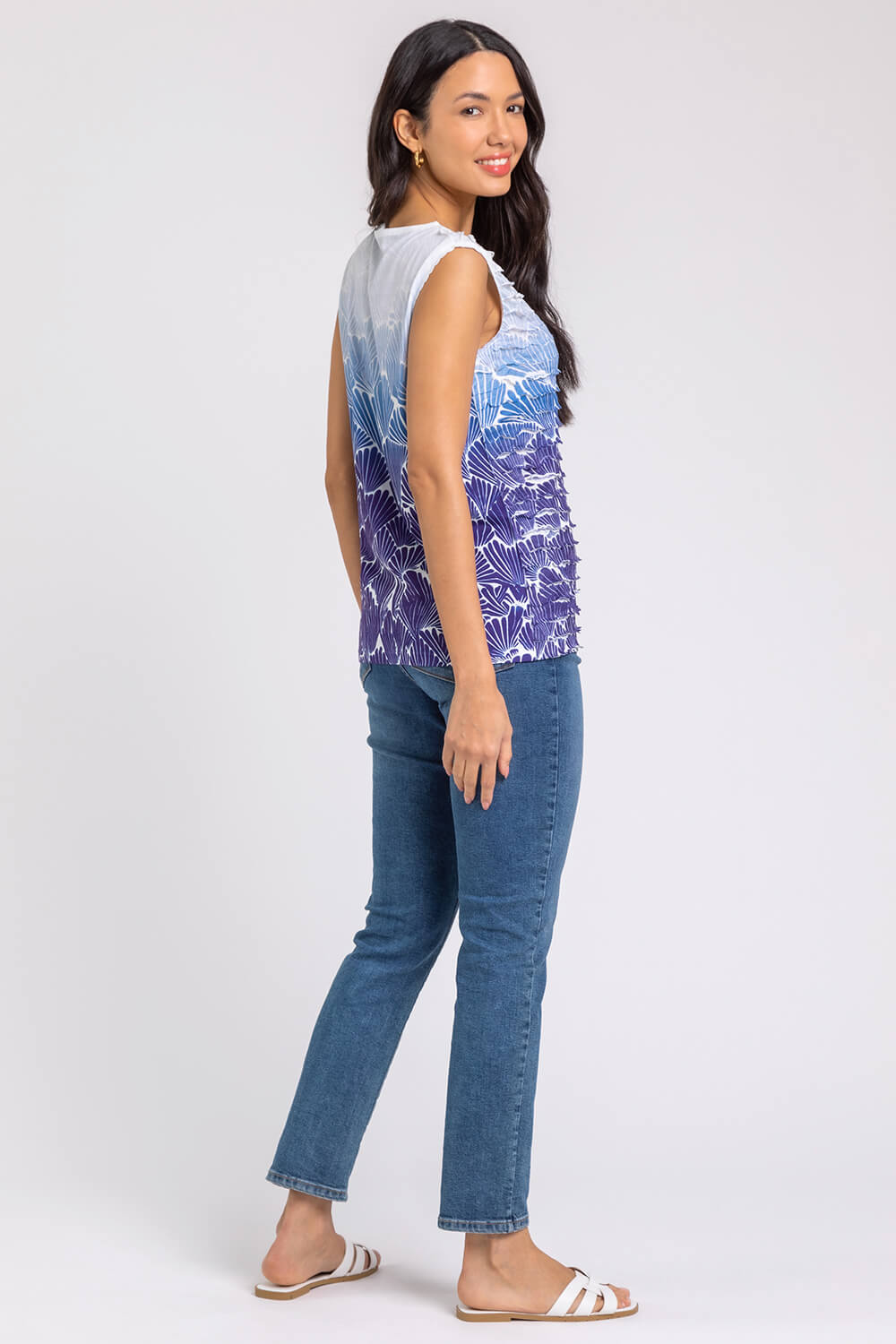 Blue Ombre Shell Print Ruffle Detail Top, Image 2 of 4