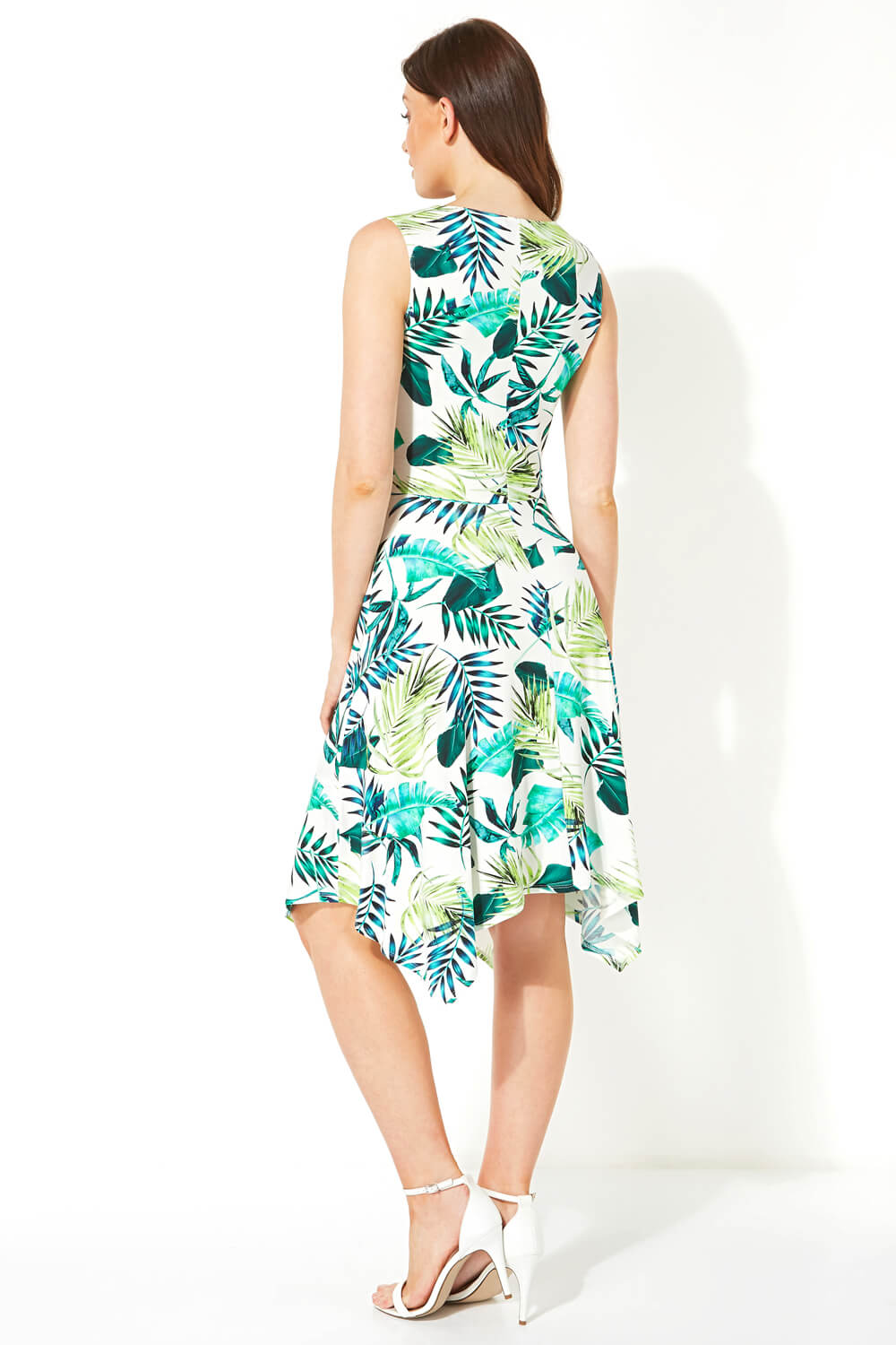Green Palm Print Twist Front Dress, Image 3 of 5