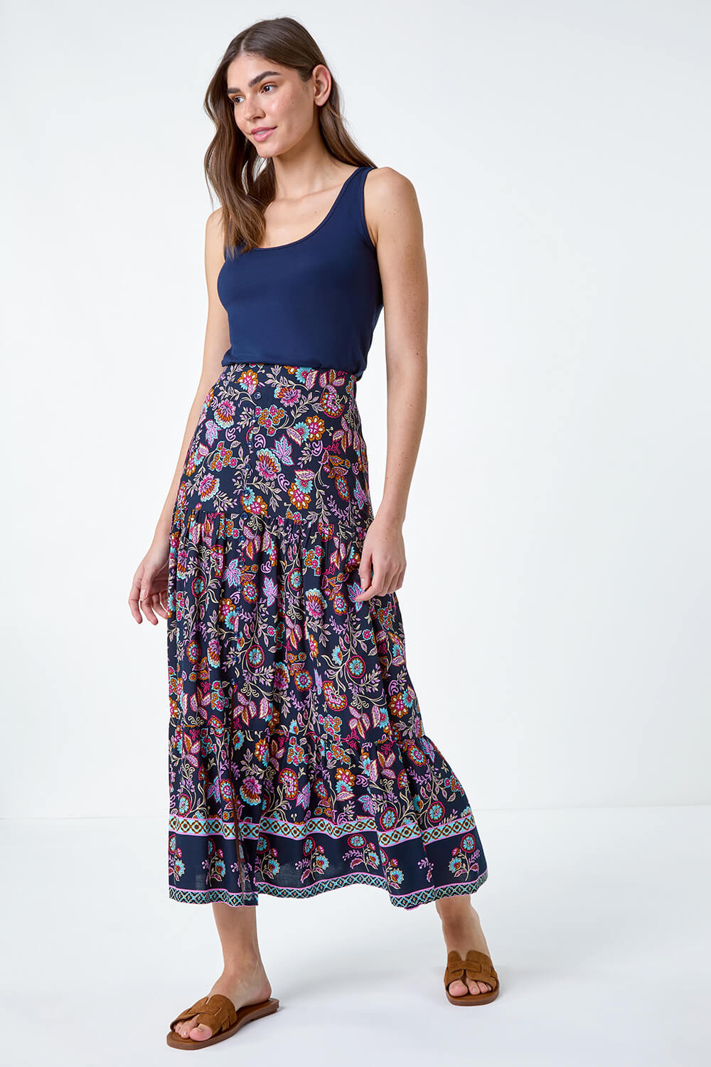 Purple Paisley Floral Button Tiered Midi Skirt, Image 2 of 5