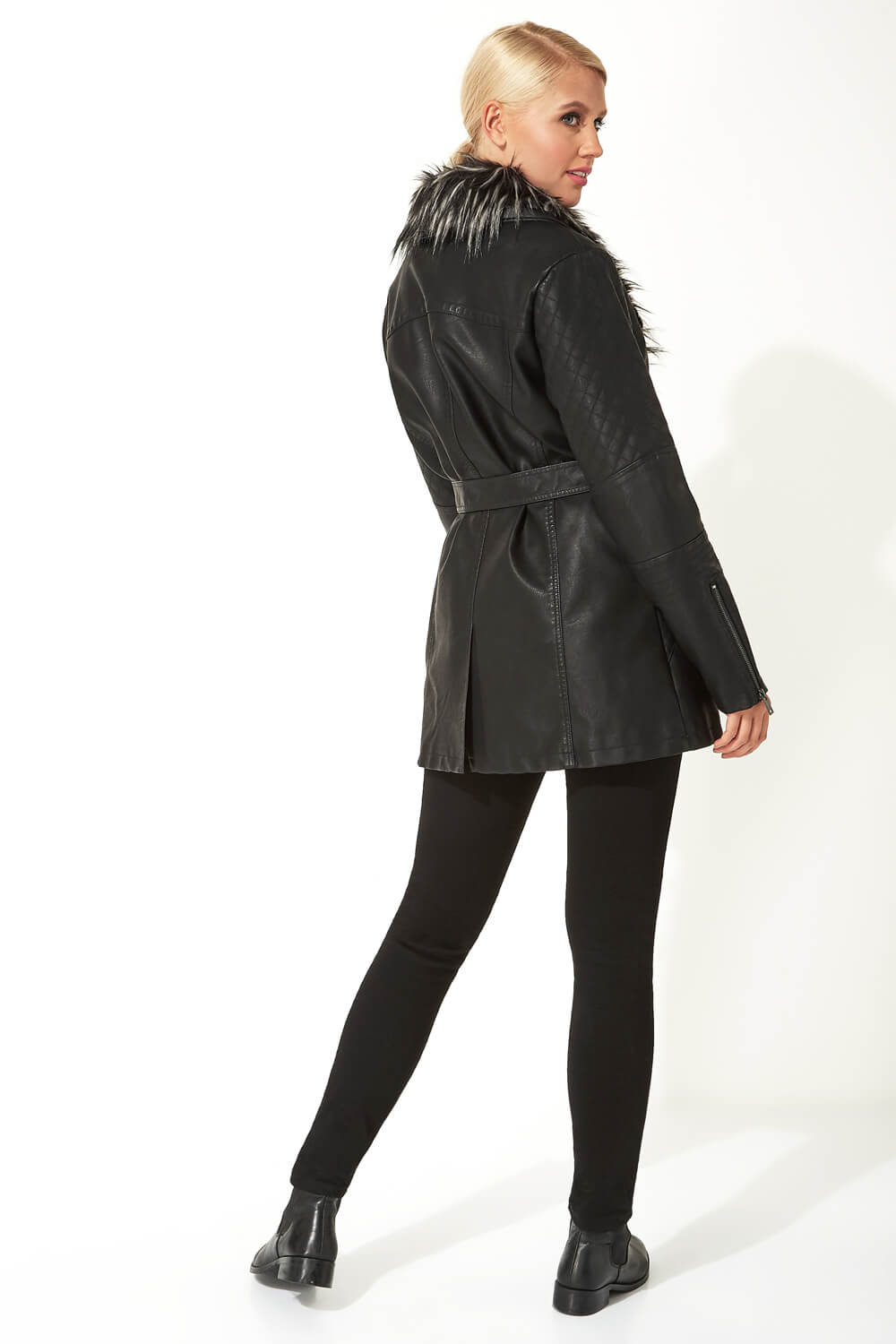 Black Longline Faux Leather Coat, Image 3 of 5