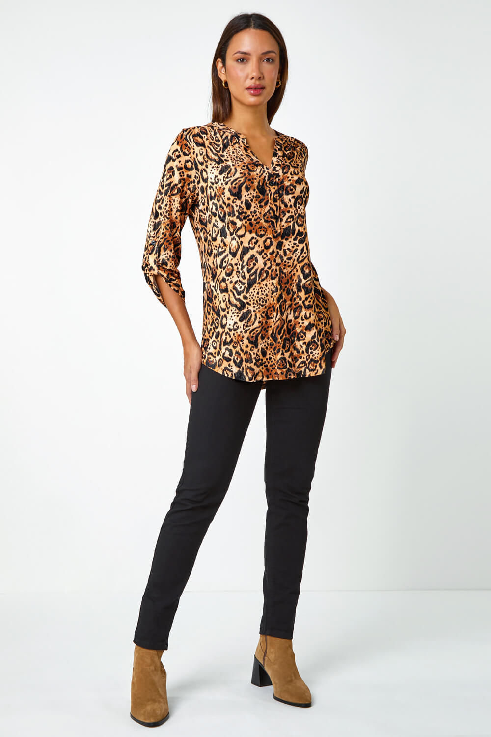 Natural  Animal Print Button Detail Stretch Top, Image 2 of 5