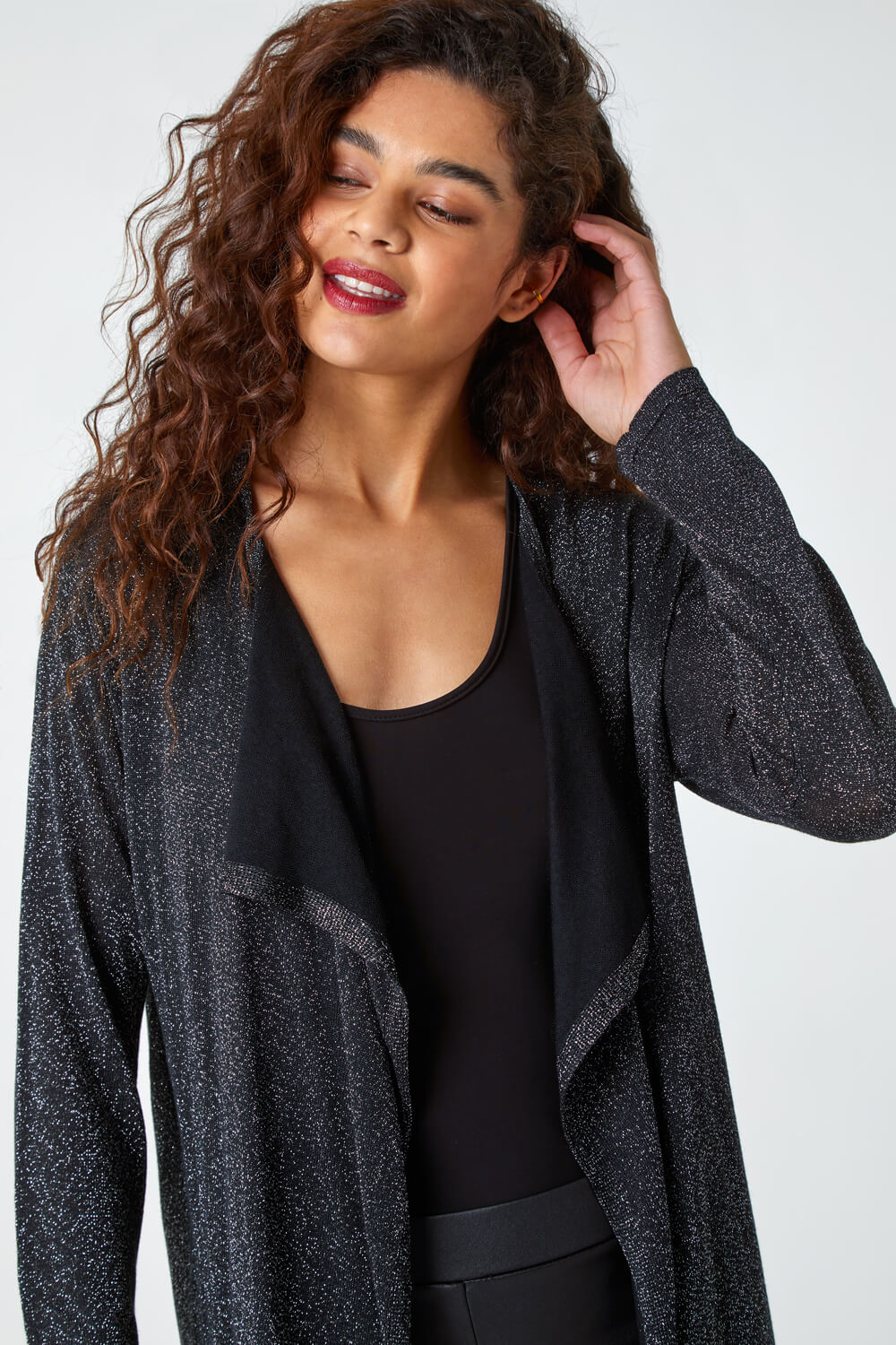 Black Shimmer Waterfall Stretch Cardigan, Image 2 of 5