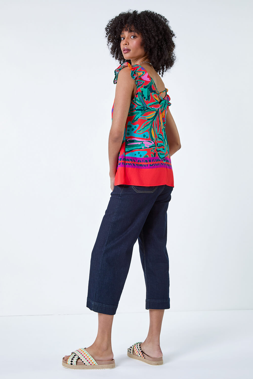 Red Tropical Print Frill Sleeve Vest Top, Image 3 of 5