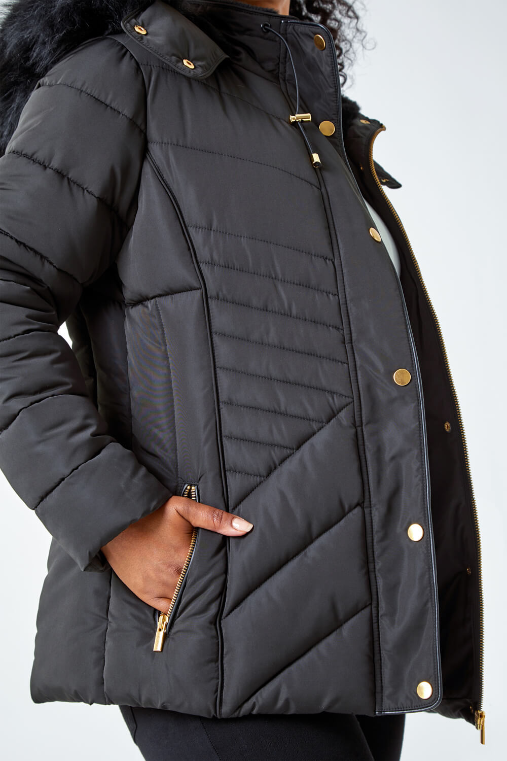 Black Petite Faux Fur Hood Puffer Coat, Image 5 of 5