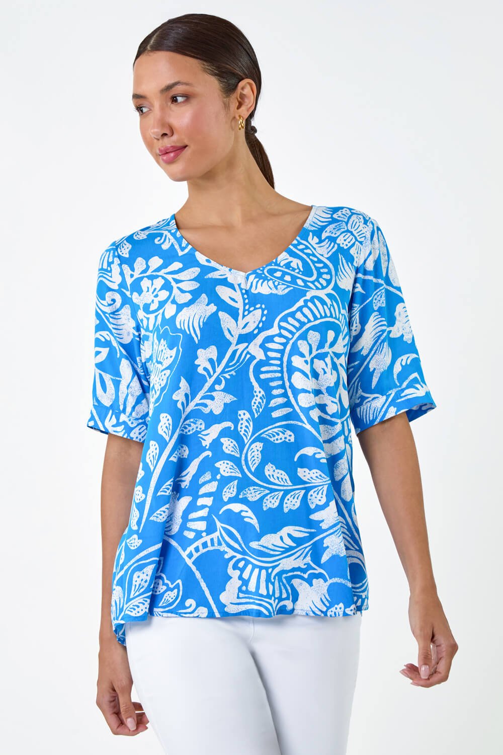 Turquoise Abstract Leaf Print Button Back Top, Image 2 of 5