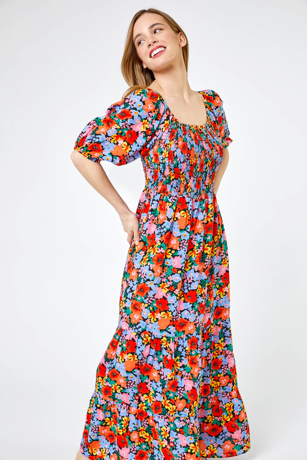Petite Floral Shirred Maxi Dress in Orange | Roman UK