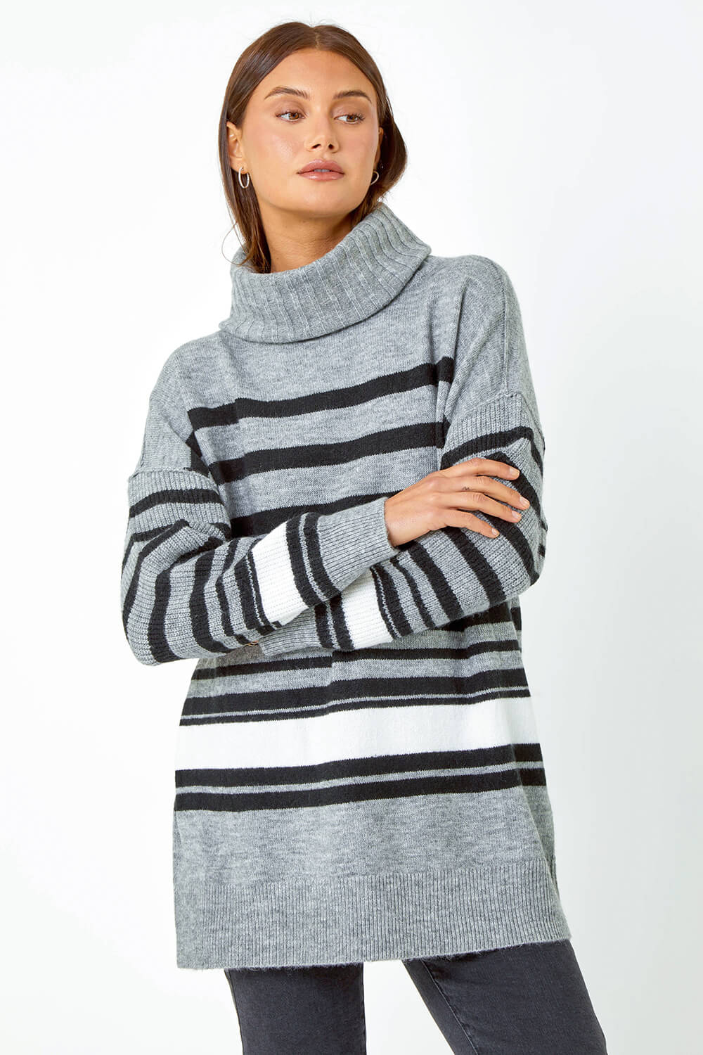 Grey Longline Striped Roll Neck Tunic Jumper, Image 4 of 5