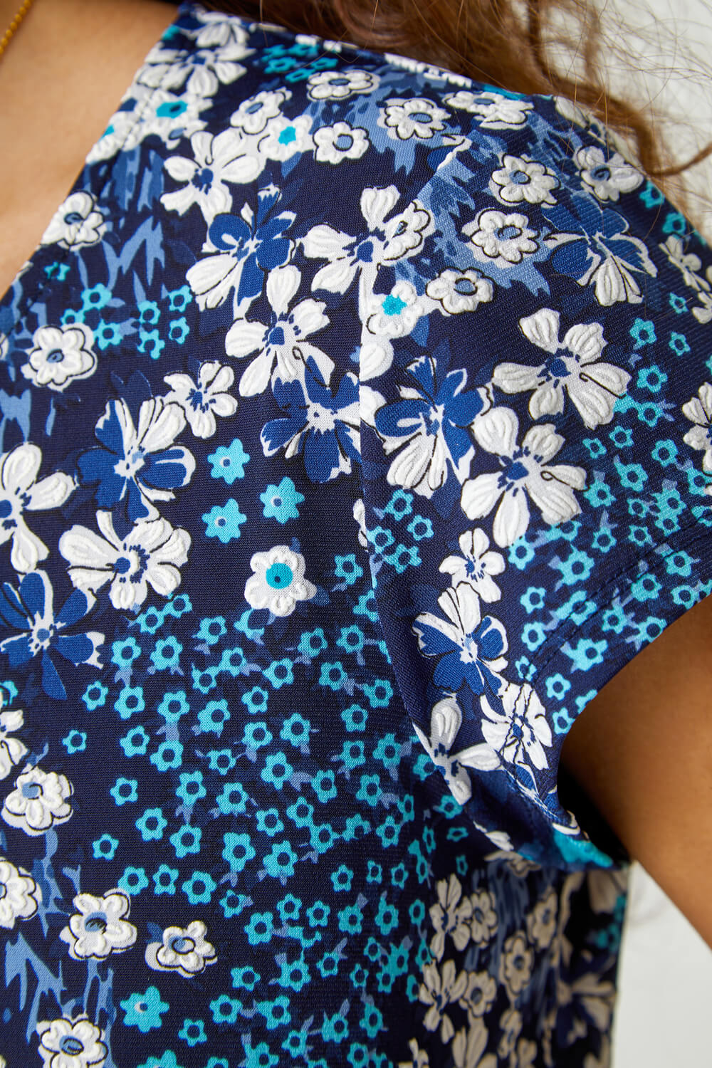 Blue Textured Floral Print Tea Dress, Image 5 of 5