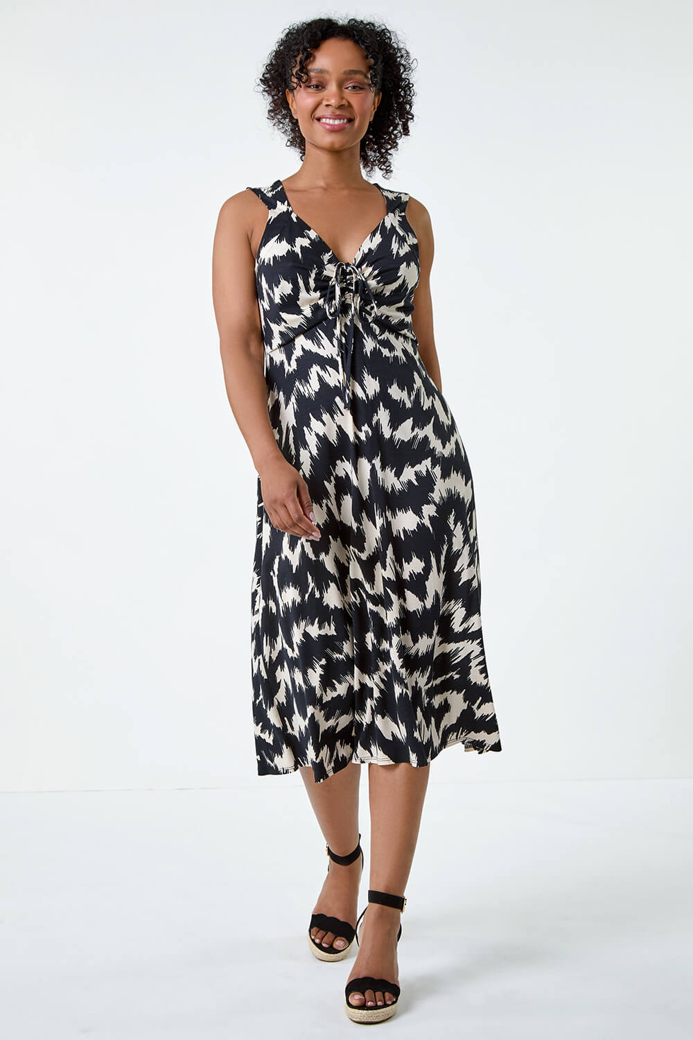 Black Petite Abstract Print Ruched Midi Dress, Image 2 of 5