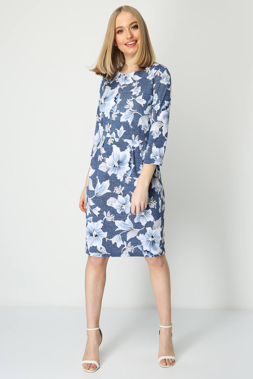 Blue Floral Print Pocket Dress, Image 2 of 4