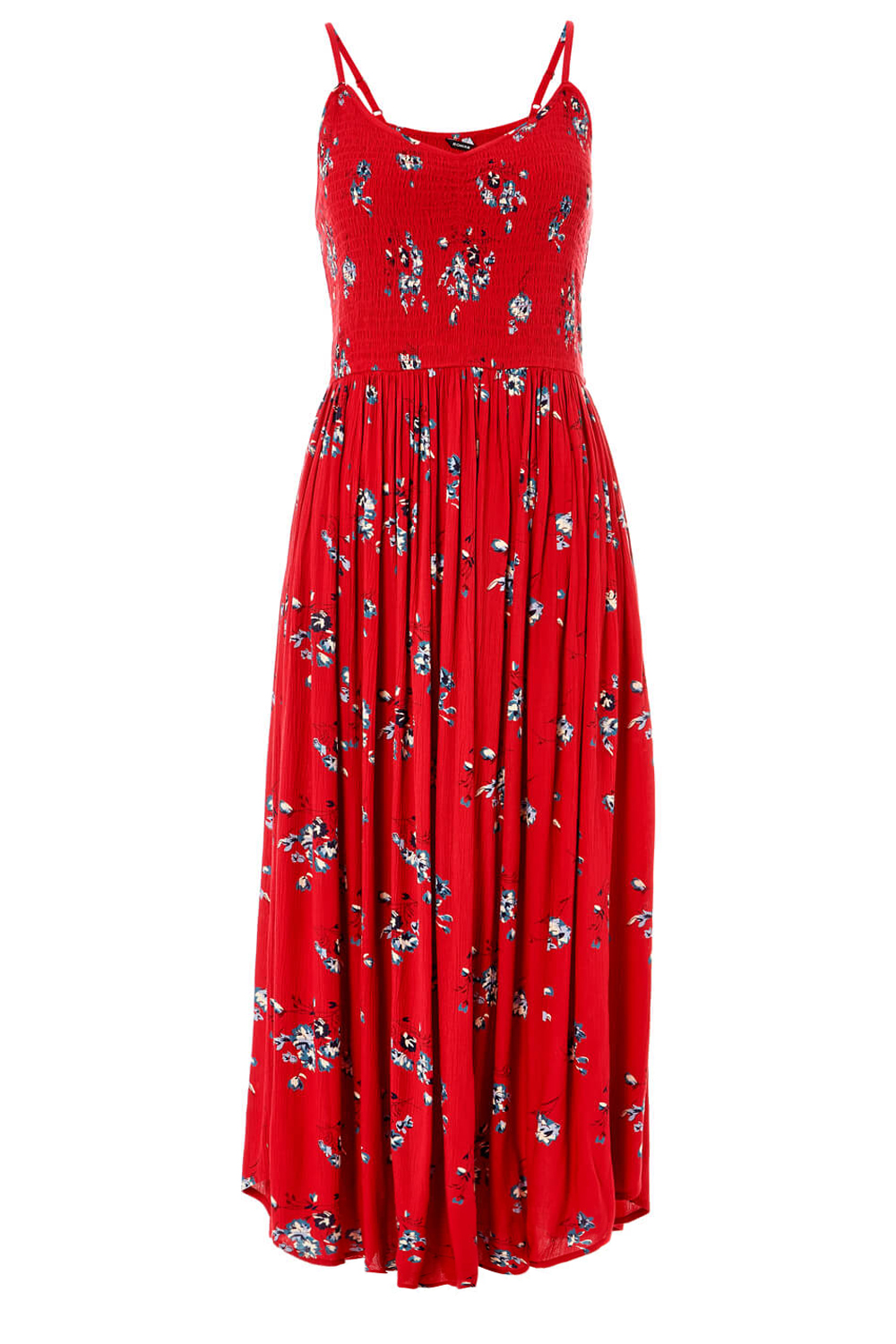 Red Strappy Shirred Floral Midi Dress, Image 4 of 4