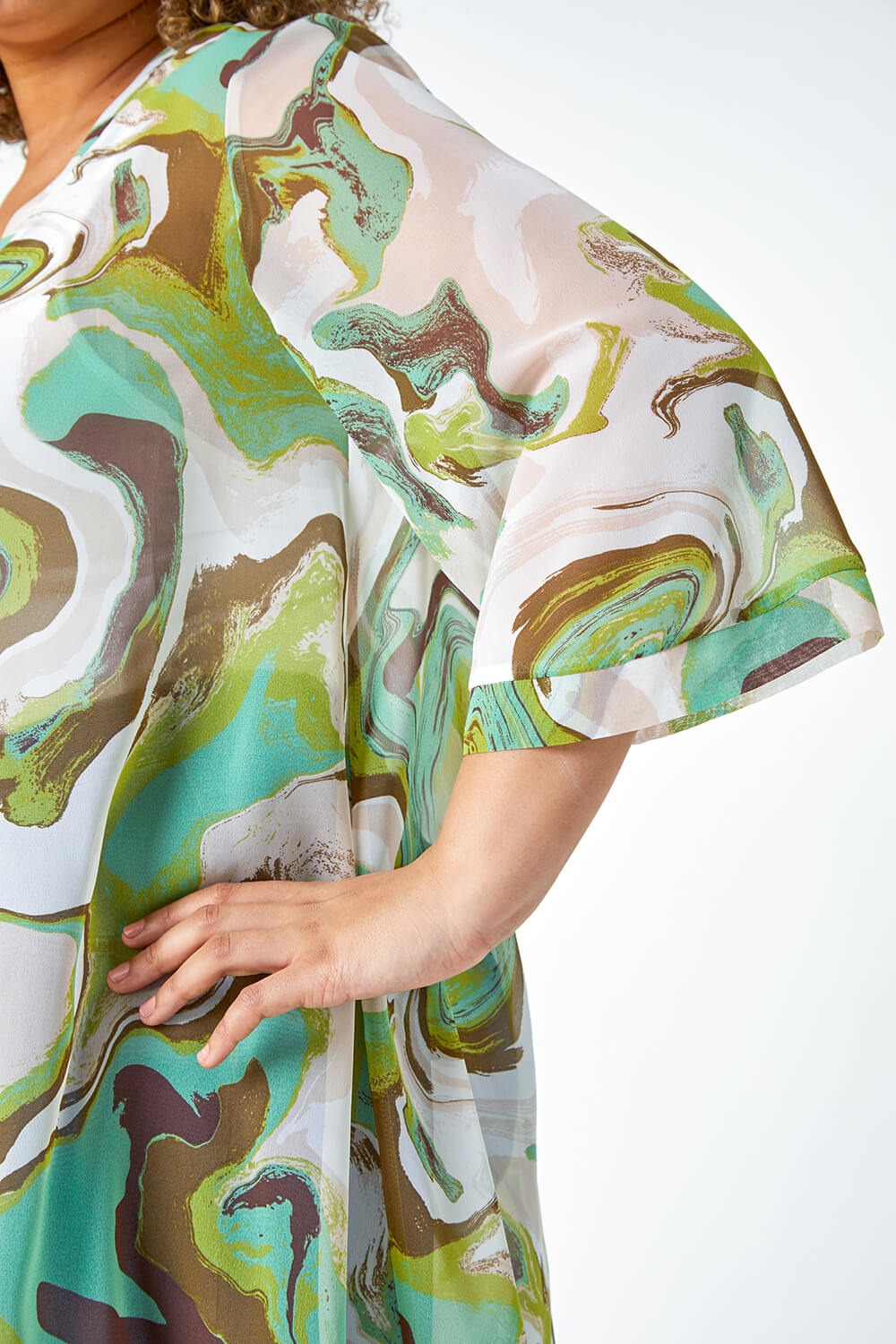Green Curve Swirl Print Dipped Hem Kimono, Image 5 of 5