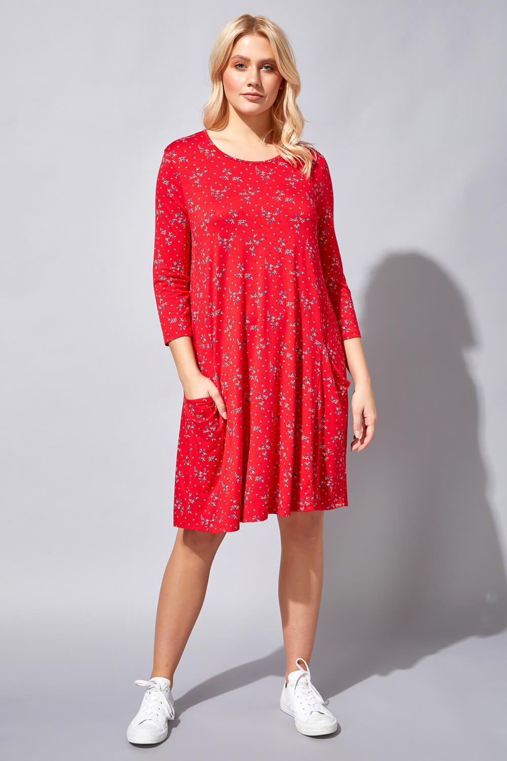 Red Floral Pocket Swing Dress, Image 2 of 4