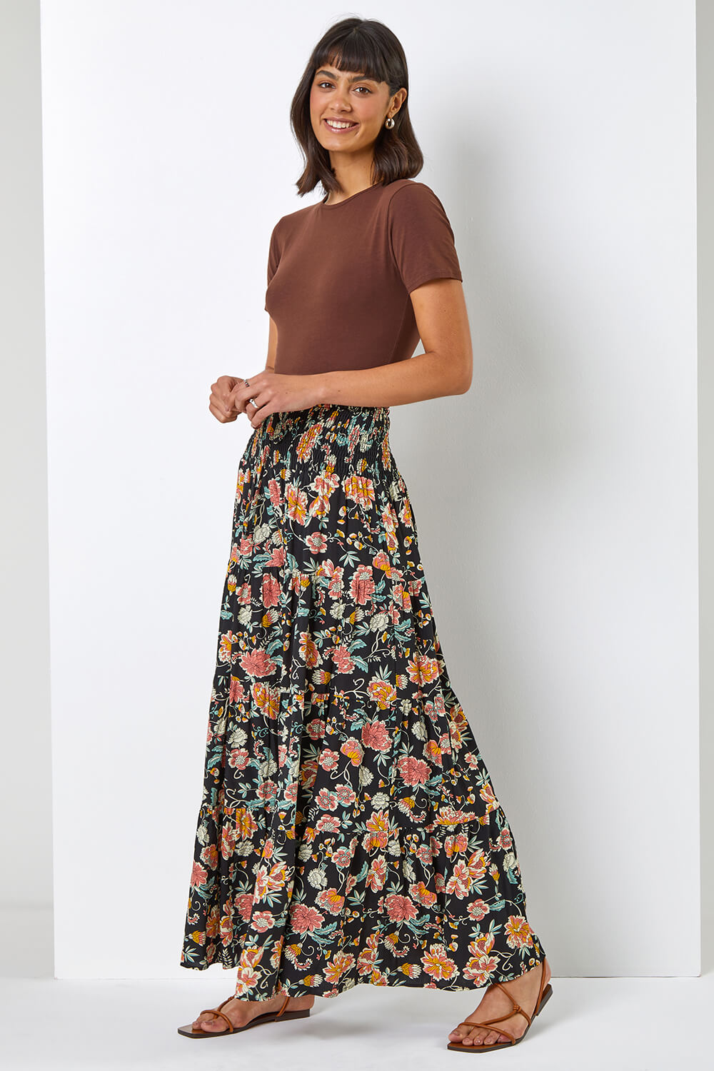 Black Boho Floral Print Shirred Waist Maxi Skirt, Image 3 of 5