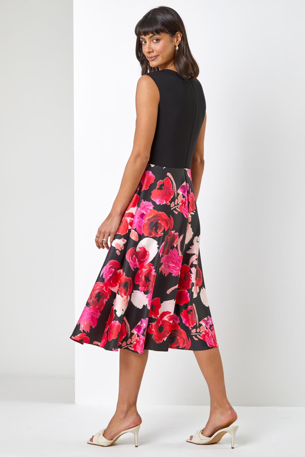 Black Floral Print Twist Detail Fit & Flare Dress, Image 2 of 5