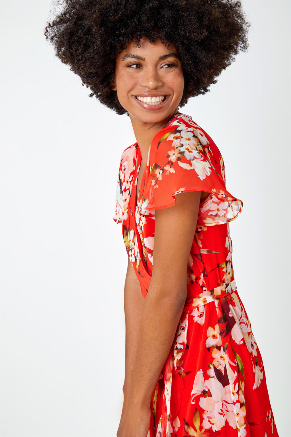Red Floral Print Chiffon Wrap Dress , Image 5 of 6