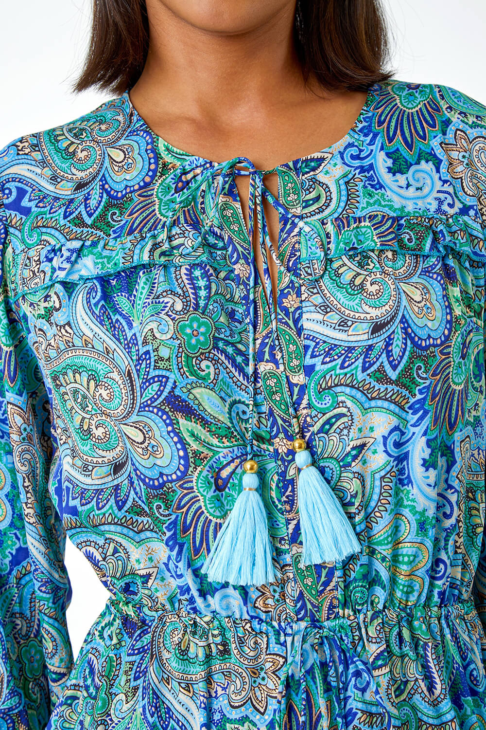 Blue Paisley Print Tassel Frill Hem Maxi Dress, Image 5 of 5